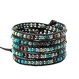 Mix Turquoise & Agate Gemstones Long 5x Leather Wrap Adjustable Bracelet Earth Colors with S.steel Button