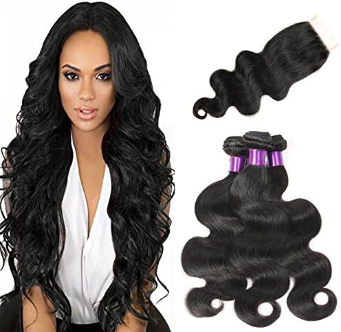 CUTE HAIR Brazilian Virgin Hair With Closure Body Wave Hair Weft with 1 Lace Closure Human Hair Weaves With Closure Virgin Hair Body Wave (14 16 18 with 12", Natural Color, Free Part)