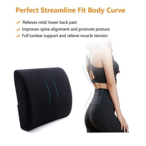 High Density Memory Foam Back Cushion, Non-slip Orthopedic Lumbar Support Pillow for Low Back Pain Relief, 2 Adjustable Straps for Car or Office Chair, Black