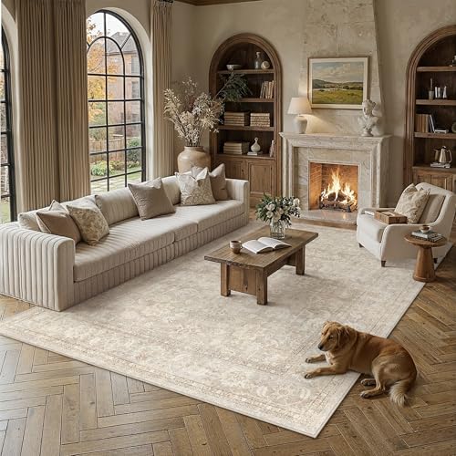 PureCozy Vintage Alfombra Salon 200x300cm Beige Grandes Alfombras de Habitacion Antideslizante Lavable Lavadora Carpete Sala Comedor Dormitorio Oficina Pelo Corto Carpet