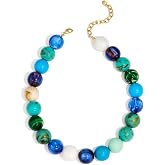 FAUTHENTICUTE Chunky Beaded Choker Necklace for Women Boho Statement Necklace with Large Pearl Blue Brown Tone Resin Beads Summer Beach Jewelry Gifts