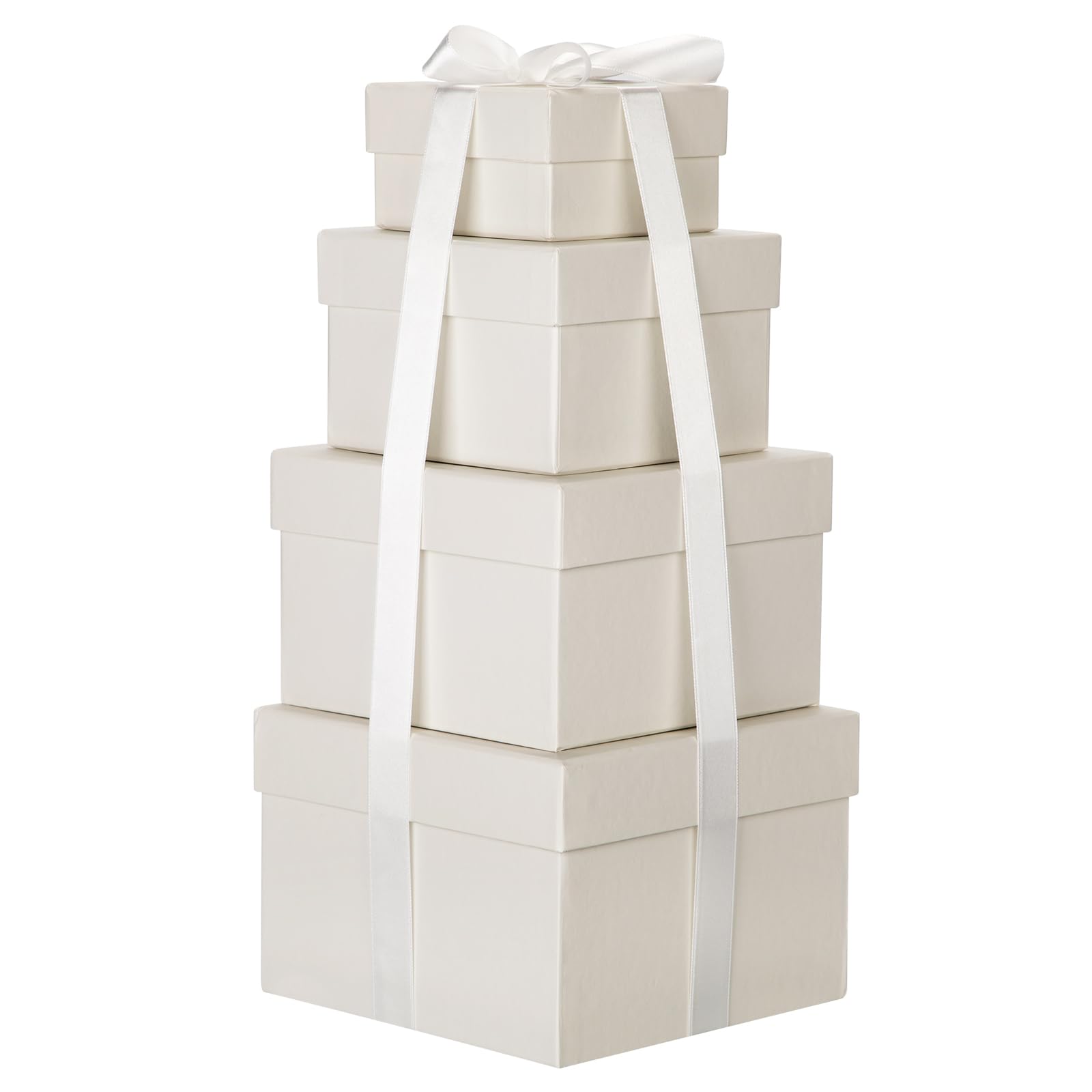 Briful Set of 4 Gift Boxes with Lids | Square Gift Box for Presents | Small Storage Box Assorted Sizes, Beige Present Boxes with Silk Ribbon | Suitable for Gifts, Crafting, Toys, Gifts Packaging