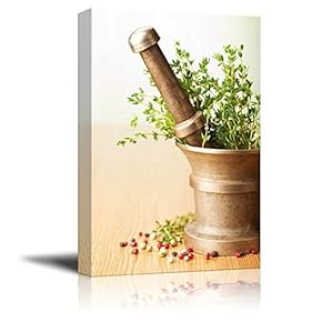 Canvas Prints Wall Art - Still Life Mortar with Herbs | Modern Wall Decor/Home Decoration Stretched Gallery Canvas Wrap Giclee Print & Ready to Hang - 18" x 12"