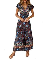 Aublary vestido de mujer con estampado floral bohemio, vestido de fiesta de playa, maxi vestido de manga corta con cuello en V, corbata larga y floral.