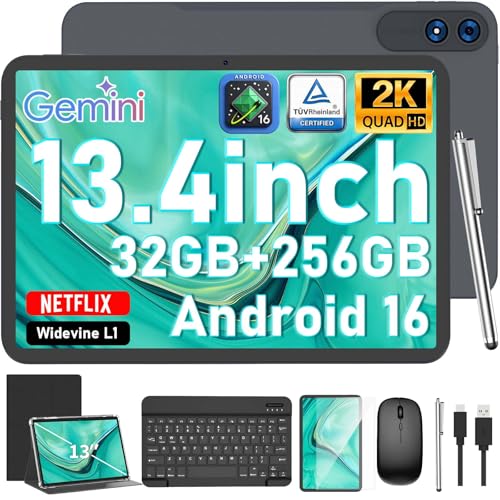 13 Inch Tablet with Keyboard, Android 16 Tablet, 32GB+256GB+2TB Expand, 1920x1200 IPS Display, Gemini AI, 10000mAh, 8-Core, Wi-Fi, GPS, Large Screen Tablet PC with Case, Mouse, Stylus(Black Case)