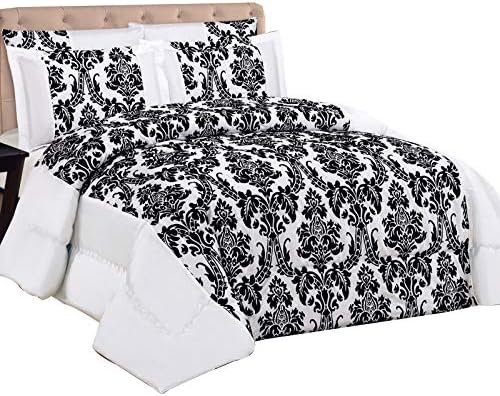 New Damask Luxury Super Soft 3pc Flock Quilted Bedspread Comforter Bed - White Black (King Bed (240cm X 260cm))