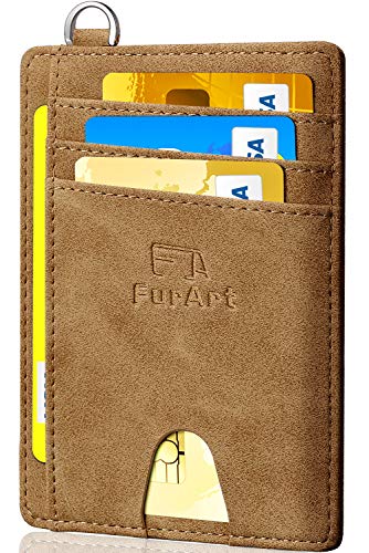 FurArt Slim Minimalist Wallet, Genuine Leather Credit Card Holder, RFID Blocking, Front Pocket Wallets with Removable D-Shackle for Men Women