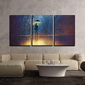 3 Piece Canvas Wall Art - Lonely Woman Under Umbrella Lights in The Dark,Digital Painting - Modern Home Art Stretched and Framed Ready to Hang - 16"x24"x3 Panels