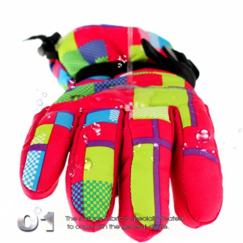 SF.Z Ski Gloves, Snowboard Cycling Snowmobile Biking Athletic Gloves, Waterproof Windproof Snow Proof Warm Breathable Fashion Comfortable Flexible Gloves for Women(Rose Red Grid/Medium) - Thumbnail 2