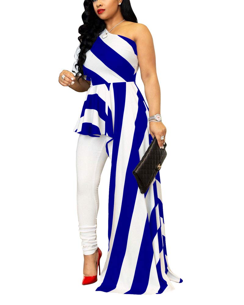 Ophestin Womens High Low Tops Irregular Blouse, Sexy Striped One Shoulder Shirt Maxi Dress