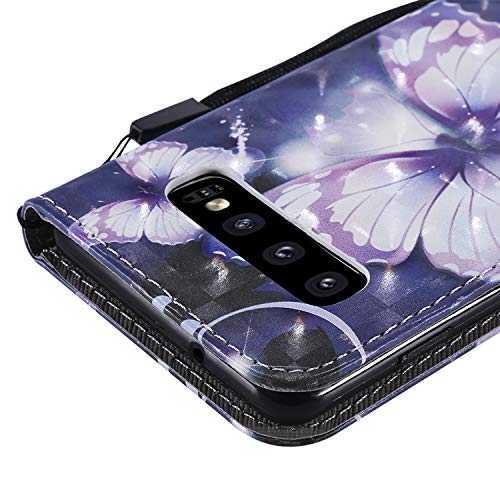 Funyye Magnetic Flip Case for Samsung Galaxy S10,Elegant 3D Purple Butterfly Fantasy Painted Design Folio Wallet Pocket with Stand Credit Card Holder Slots Soft Silicone Leather Case for Samsung S10