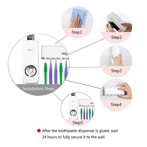 SlenyuBridal Toothpaste Dispenser with Wall Mount Toothbrush Holder Toothpaste Squeezer with 5 Brushes Set Kids Hands Free for Shower Bathroom White