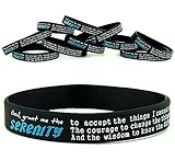 SERENITY PRAYER SILICONE BRACELETS, BULK 10-PACK - Unisex Black w/ Teal & White Print - Serenity Prayer Silicone Rubber Bracelet Wristbands for Men Women Adults