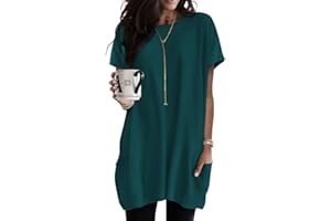 Poetsky Summer Womens Tunic Tops for Leggings with Pockets Short Sleeve Casual Long T Shirts