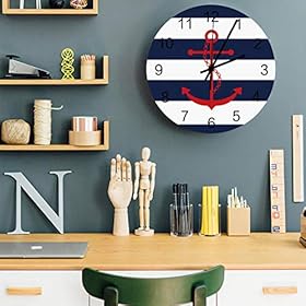 12 inch Round Wooden Wall Clock, Stylish Silent Non-Ticking Battery Operated Clock, Nautical Red Anchor Navy Blue and… 51F0jS6 KYL