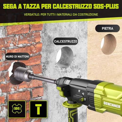 DEWINNER Hammer Punch 1100 W 3.4 J, 0-1500 RPM/5500 BPM with 4 Functions and Safety Clutch, 20 Accessories Including Concrete Hole Saws, Variable Speed, Concrete, Steel, Wood