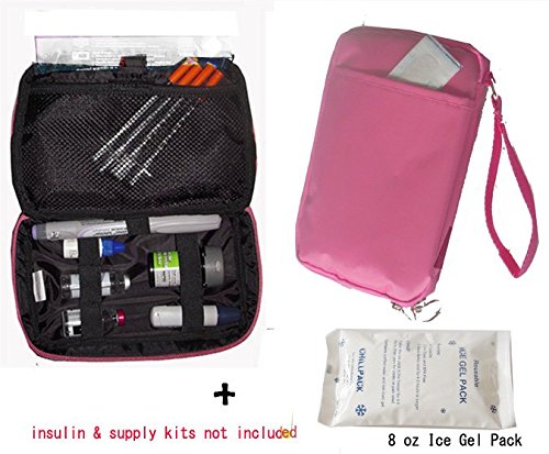 Diabetic/Cosmetic Organizer Cooler Bag-for Insulin, Testing Kits,W/2x Ice Pack Included -Pink