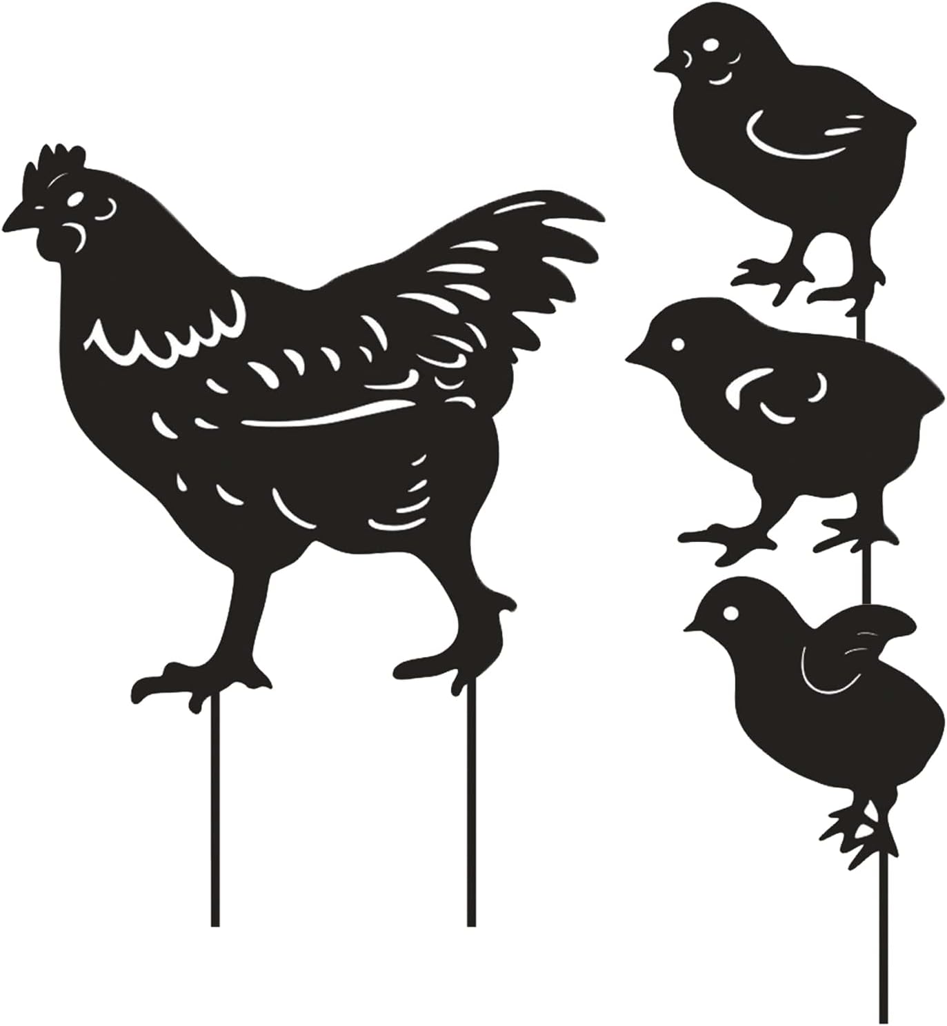 Decorative Garden Stakes - Dupiulk 4 Pack Chicken Garden Decorative Statues, Metal Hen and Chicks Silhouette Garden Stakes, Ideal Yard, Garden, Lawn Decor, Animal Outdoor Decorations