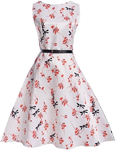 Women’s 1950’s Retro Floral Printing Sleeveless Garden Party Swing Dress with Belt