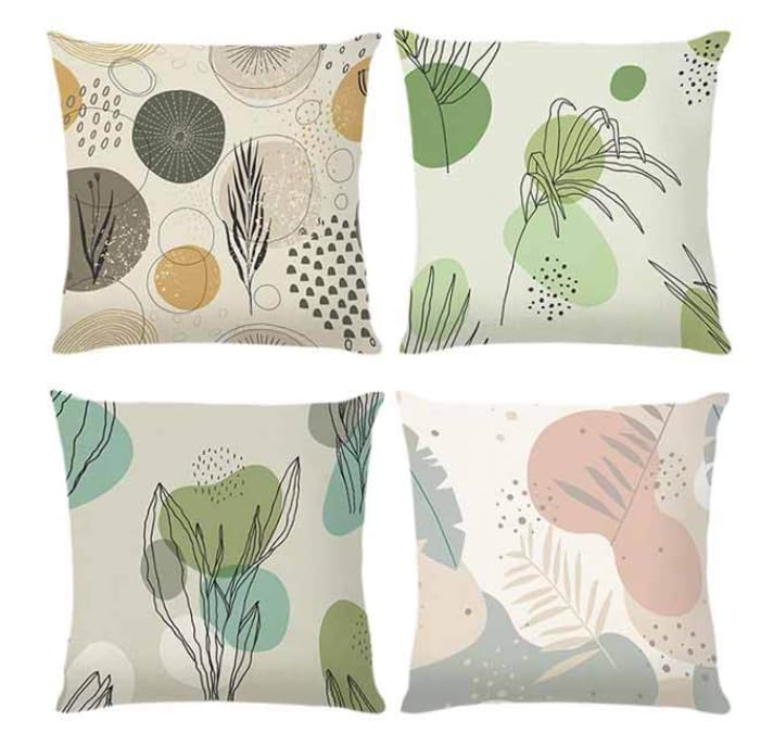 BAOKU Set of 4 Green Beige Fall Leaves Cushions Linen Outdoor Cushions Covers for Living Room Sofa Bedroom Office Cushion Decorative Square Garden Cushions 18x18 Inch