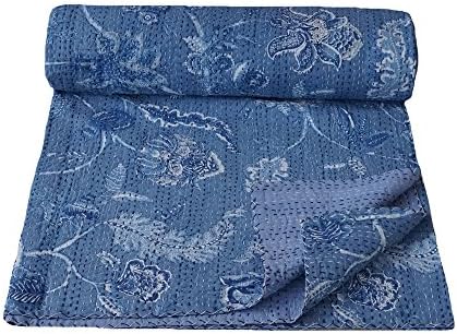 My Craft Palace Blue Queen Size Kantha Quilt Vintage Handmade Foral Print Kantha Bedspread