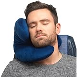 J Pillow Travel pillow - Head, Chin, Neck Support in Any Sitting Position for Airplanes, Cars, Trains, Machine Washable, attach luggage - British Invention of the Year - Dark blue