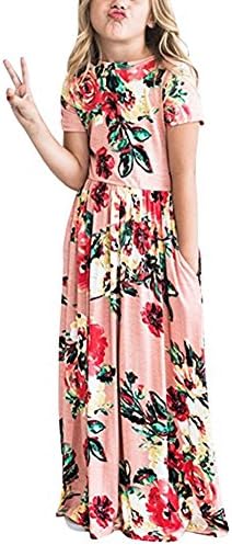 Girls Floral Printed Short Sleeve Empire Waist Maxi Long Pockets Dress in 4 Colors,6 Years Pink