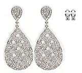 Silvertone with Clear Iced Out Basket Weaved Teardrop Shaped 3.25 Inch Dangle Clip on Earrings