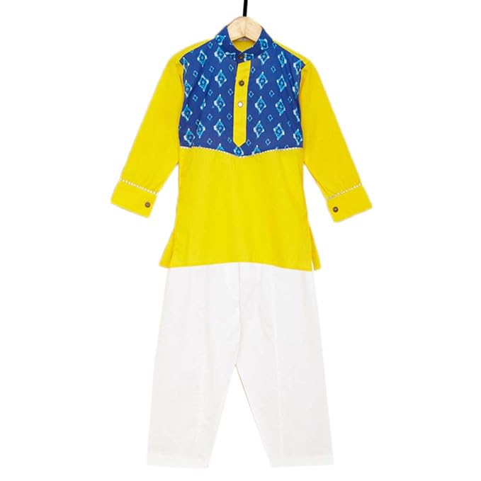 LIL PITAARA By Hopscotch Boys Pure Cotton Kurta With Salwar Set in Yellow Color