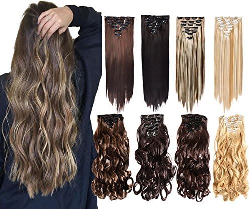 7Pcs 16 Clips 20-24 Inch Curly Straight Full Head Clip in on Hair Extensions Women Lady (24" Straight, # Dark Brown)