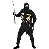 Black Dragon Ninja Costume Set - Plus Size (48-52) - Includes Hooded Shirt Face Mask, Wrist Guards, Belt, & Pants - Perfect for Halloween & Theme Parties Dress-Up Fun