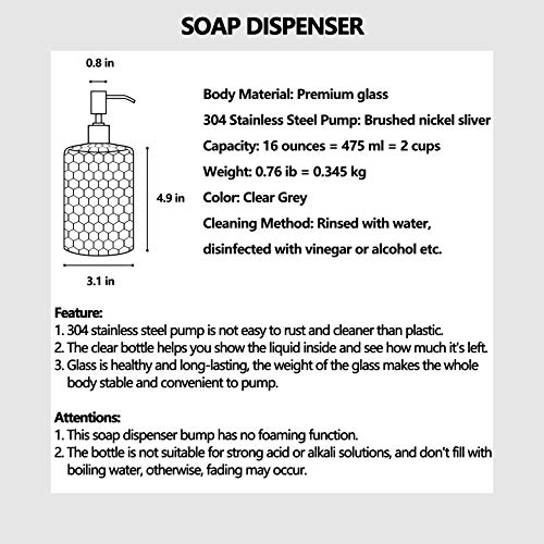 Easy-Tang 16 Oz Grey Glass Soap Dispenser - Refillable Wash Hand Liquid, Dish Detergent, Shampoo Lotion Bottle with Brushed Nickel Pump Holder, Ideal for Bathroom Countertop, Kitchen, Laundry Room