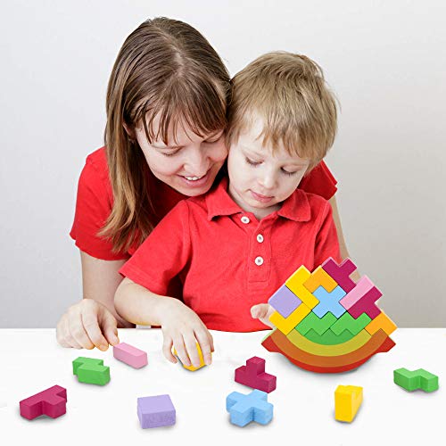 Sealive 21PC Wooden Stacking Blocks Balancing Game - Tetris Puzzle Balancing Toys for Kids Montessori Educational Toys Wood for Kids Stacking Toys for 3 Year Old - Sorting Blocks for Preschool Kids