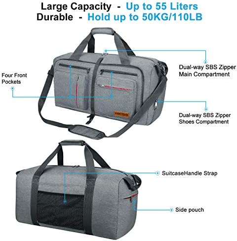 Travel Duffel Bag, 55L Foldable Duffle Bag with Shoes Compartment Packable Weekender Bag for Men Women Water-proof & Tear Resistant HIKISS-Grey 3 Travel Duffel Bag, 55L Foldable Duffle Bag with Shoes Compartment Packable Weekender Bag for Men Women Water-proof & Tear Resistant HIKISS-Grey