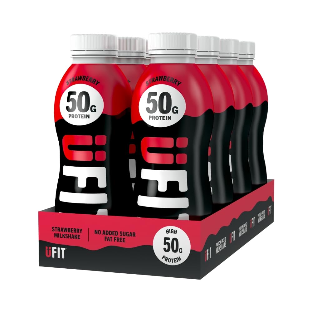 UFIT High 50g Protein Shake - Strawberry Flavour - No Added Sugar - Low in Fat - Ready to Drink - Pack of 8 x 500 ml (Packaging May Vary)
