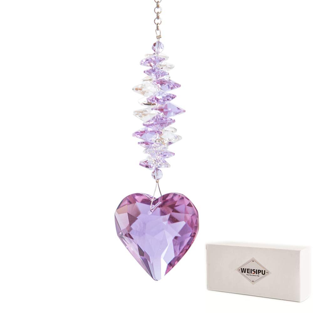 WEISIPU 45mm Heart Crystal Ball Prism Pendant - Windows Suncatcher Outdoor Garden Hanging Décor for Gift,11"Long (Pink)