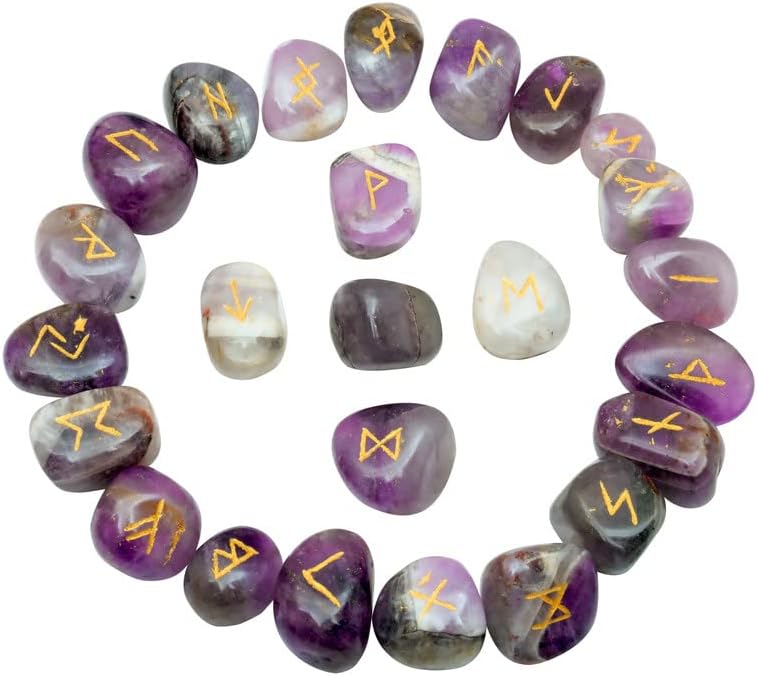 Indoor Fountains & Accessories - Rune Stones Amethyst - Gemstones and Crystals - Futhark Rune Set - Viking Ruin Stones - Engraved Druid Stones - Reiki Supplies - Feng Shui Decor - Crystal Set - Runes Runes with Guide Book