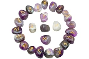 SUBSH Rune Stones Amethyst - Gemstones and Crystals - Futhark Rune Set - Viking Ruin Stones - Engraved Druid Stones - Reiki Supplies - Feng Shui Decor - Crystal Set - Runes Runes with Guide Book