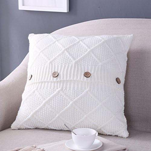 Fashion Cotton Cable Knit Pillow Cushion Double Side Diamond Pattern Throw Pillow Cover For Counch Bed Car Decoration (White, Cover Only)