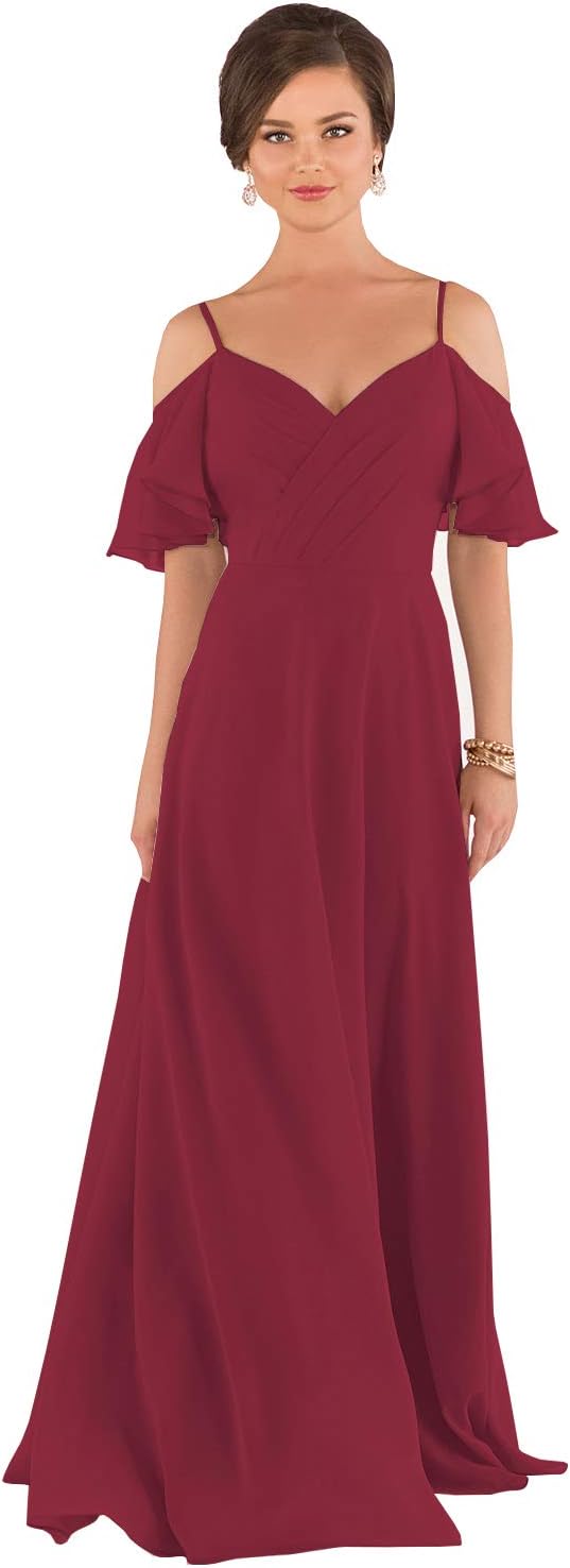 Yilisclothing Women's Off The Shoulder Chiffon Bridesmaid Dress Ruffled Sleeves A-line Long Formal Evening Gowns