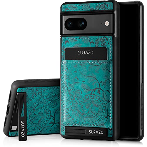 SURAZO Premium Echtleder Back case für Google Pixel 7A Hülle – Stoßfestes Leder Handyhülle Cover mit [Kartenfach, Standfunktion, Schlüsselanhänger] Floral Slim Bumper Schutzhülle (Ornament Türkis)