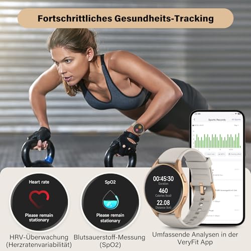 QIPOPC Smartwatch Damen Gold mit Telefonfunktion, 1.32" AMOLED Display Elegant, Fitness Uhr mit Alexa & GPS, SpO2/Puls/Zyklustracking, 5ATM Wasserdicht, Schrittzähler Uhr für Android iOS
