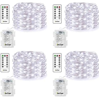 4 Pack Fairy Lights Fairy String Lights Battery Operated Waterproof 8 Modes Remote Control 50 Led String Lights 16.4ft Silver Wire Firefly lights for Bedroom Wedding Festival Decor (Cool White)