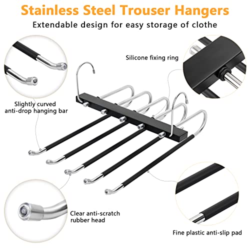 TAOPE Trouser Hangers Space Saving, 2 Pack Stainless Steel Hangers Pants Organizer, Non-Slip Closet Storage Organizer, 5 in 1 Scarf Holder for Skirts Jeans Scarves Belts Towels Ties Leggings - Black