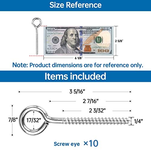 Muzata 10Pack 3.3Inch M6 Screw Eye Hooks Stainless Steel Heavy Duty