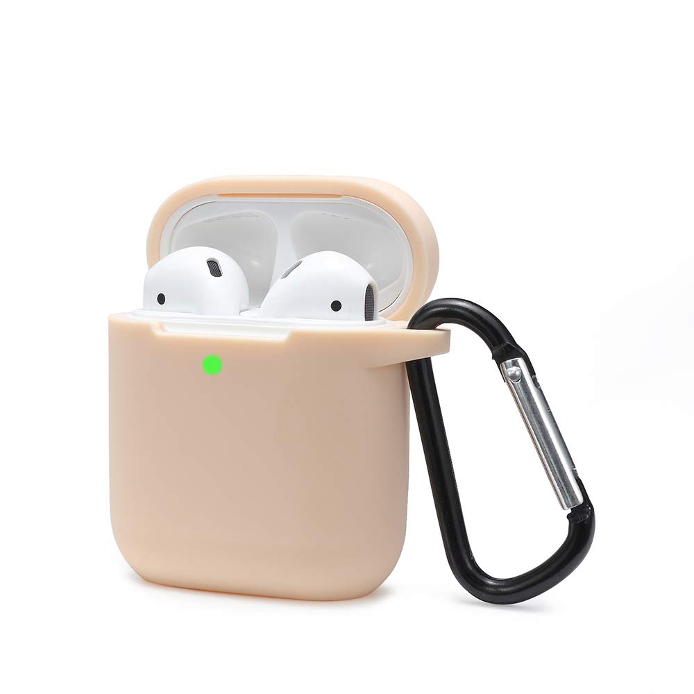 KOKOKA Case Cover Compatible with AirPods 2 & 1, Silicone Shockproof Case Cover for Airpods 2 &1 Front LED Visible Extra Protection with Carabiner, Beige