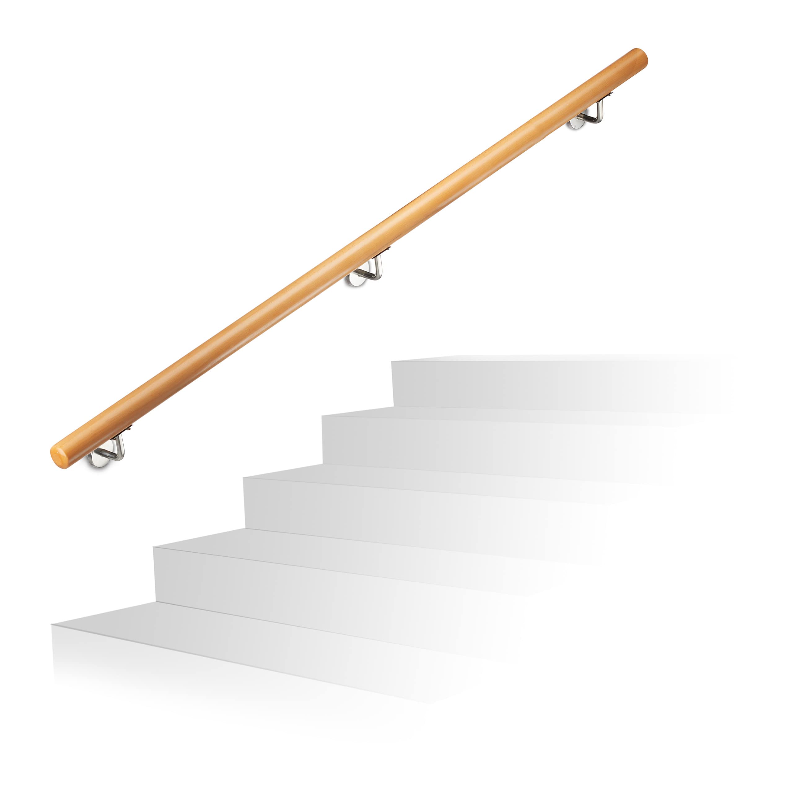 Relaxdays Wooden Handrail, Beech, 1500 mm/150 cm/1.5 m, Wall-Mount, With Plugs, Rustic 42 mm Diameter, Natural Banister