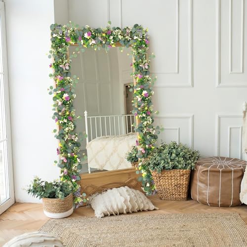 ASTNIC 2 Pack 5.68FT Artificial Eucalyptus Flower Garland with 3D Butterfly, Fake Hanging Plants Floral Vines Greenery Daisy Eucalyptus Garland for Wedding Backdrop Arch Wall Party Table Runner Decor