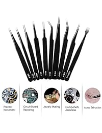 Juego de 10 pinzas ESD, juego de pinzas con revestimiento negro, pinzas de acero inoxidable antiestático para trabajos de laboratorio, manualidades, joyas, productos eléctricos (negro)