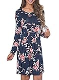 ZESICA Women's Long Sleeve Floral Print Pleated Casual Swing Tunic T-shirt Dresses,Dark Blue L